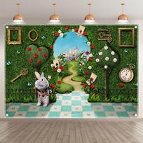 Wonderland Enchanted Tea Backdrop, Checkerboard Rabbit Photo Background, Fairy Tale Key Hold Birthday Party Banner, Photo Booths Studio Props 100X70CM blue