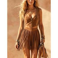 Spicy Girl Suede Set Zipper Vest + Fringe Mini Skirt Western Style Two-Piece Set Trendy Urban Outfit for Women XXXL tamsiai ruda spalva