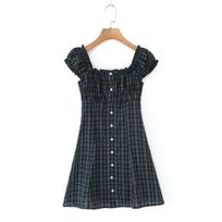 Retro waist sweet and spicy babes American farm style pattern color matching dress one-word collar short skirt suspender a-word skirt M black