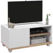 TV spintelė ant ratukų su 2 stabdžiais - 2 nišos + spintelės durelės, 2 laidų angos - balto medžio, šviesaus ąžuolo spalvos 80 x 45 x 39 cm