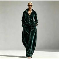 Moterų aksominis 2 dalių sportinis kostiumas su stovu ir užtrauktuku striukė, plačios ilgos kelnės, laisvalaikio vientisas veliūrinis sportinis kostiumas XXXL tamsiai žalia spalva