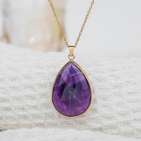 Retro Simple Gold Color Edge Waterdrop-shaped Natural Crystal Pendant Necklace for Women Amethyst Collar Chain Jewelry Gifts ametistas