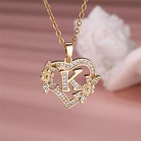AZ pradinės raidės širdies pakabukas karoliai moterims Elegantiškas cirkonio rožinio aukso spalvos gėlių abėcėlė Širdies pakabukas grandinėlė Choker papuošalai K auksas