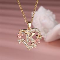 AZ pradinės raidės širdies pakabukas karoliai moterims Elegantiškas cirkonio rožinio aukso spalvos gėlių abėcėlė Širdies pakabukas grandinėlė Choker papuošalai K rožinio aukso spalvos/auksas