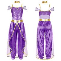 Mergaičių arabų princesės kostiumas be rankovių su blizgiais blizgučiais ilgas kombinezonas su kakleliu, skirtas Cosplay pilvo šokių puošmenai 5-6 Years violetinė