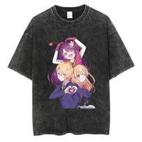 Vyriški Streetwear Vintažiniai skalbti marškinėliai Anime Oshi No Ko spaudinys Mielas marškinėlis Vasariniai Harajuku 100% Medvilnė Juodi viršutiniai marškinėliai M black