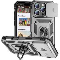 Žiedinis stovas Besisukantis Slankiojantis Kameros Objektyvas Karinio Lygio Šarvuotas Dėklas iPhone 16 14 13 12 11 15 Pro Max 16 Plus 13Mini 12Mini Viršelis For iPhone 16Pro Max sidabras