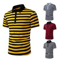 Vyriški tamsiai mėlynos ir baltos dryžuoti polo marškinėliai trumpomis rankovėmis, slim fit, laisvalaikio viršutinė dalis L geltona
