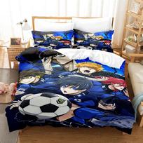 Anime Bluelock Futbolas Jaunių Japoniškas Animacinis Patalynės Komplektas Antklodės Užvalkalas su Pagalvės Užvalkalu Miegamojo Dekoracija Lovos Komplektas Karališko Dydžio 135x200cm blue