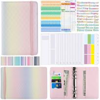 PU Leather A6 Gradient Budget Binder with Cash Zipper Envelope Planner Notebook 6 Ring (as the picture,A6&Printed) white