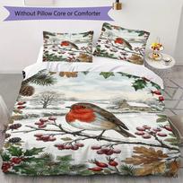Winter Robin Berries Pattern Bedding uilt Set uilt Cover Pillowcase Home Decoration Birthday Gift (1 * duvet cover + 2 * pillowcase without core)_XIA 200x200cm