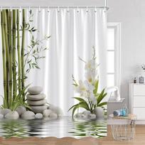 Zen Dušo Užuolaidos Juodas Akmuo Žalias Bambukas Lotosas Spa Žvakė Violetinė Orchidė Natūralus Lapas Vonios Užuolaida Meditacijos Vonia Dekoras 150x180cm-60x70in