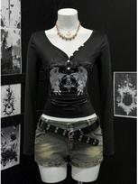 Y2K Spicy Girl Print Slim Fit Long Sleeve Top with Round Neck Medium black