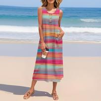 Women's Summer Striped Print Dress Sleeveless Button Down Casual Loose Long Beach Sundress XXL cinoberis
