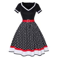 Retro Hepburn stiliaus taškuota medvilninė suknelė su V formos iškirpte ir plačiu apvadu XL juoda