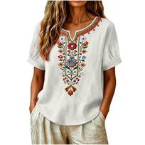 Women's V-Neck Short Sleeve Embroidered Collar Pullover Top - Loose Fit Casual Blouse - Everyday Wear XL balta