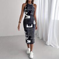 European and American Spice Girls Newspaper Printing American Retro Neck Sleeveless Hip Wrap One Step Dress High Waist Hip Wrap S juoda