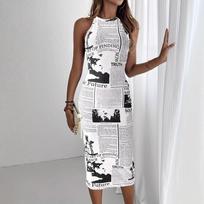 European and American Spice Girls Newspaper Printing American Retro Neck Sleeveless Hip Wrap One Step Dress High Waist Hip Wrap M balta