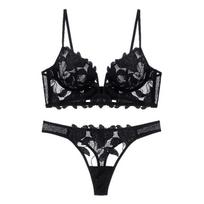 Seksualus prancūziškų nėrinių siuvinėjimas liemenėlės apatinio trikotažo komplektas moteriškas apatinio trikotažo komplektas Push Up plonas Bralette Deep V liemenėlės ir kelnaičių rinkinys M juoda