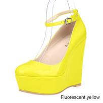 Moteriški batai Sexy 12cm Aukštakulniai Platformos Pleištai Pumps Slipsole Pleištai Sagtis dirželis apvalus pirštas Stiletai vestuviniai batai 40 neoninės geltonos spalvos