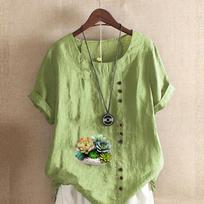 Women's Fashion Aloe Print Short Sleeve T-shirt Loose Cotton Shirt Casual Loose Summer Blouse Tops Plus Size L žalia