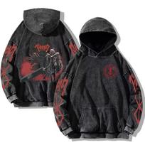 Harajuku Anime Berserk Guts Print su gobtuvu Vyriški moteriški vintažiniai manga gobtuvai Didelio dydžio gatvės drabužiai vyriški medvilniniai klasikiniai megztiniai M raudona/juoda