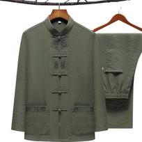 Plius dydžio vyriški Kung Fu kostiumo siuvinėjimo Tang kostiumas pavasariui rudeniui 2 vnt. marškinėliai ir kelnės kinų tradiciniai Tai Chi drabužiai 3XL 4XL 5XL 5XL žolės žalia spalva
