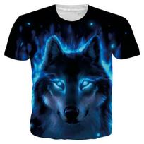 Vyriški marškinėliai su apvalia apykakle Vilkas 3D skaitmeniniu spaudiniu, trumparankoviai T-shirt'ai 5XL blue