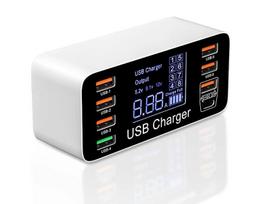 8 prievadų greito įkrovimo USB įkroviklis QC3.0 greitasis įkrovimas C tipo išmanioji įkrovimo stotelė LCD skaitmeninis ekranas USB kelių prievadų telefonui 40W-EU Plug balta