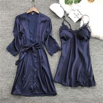 Moteriškas apatinis trikotažas, šilko nėrinių chalatas, suknelė Babydoll naktinė suknelė, kimono rinkinys XL tamsiai mėlyna