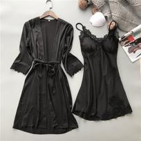 Moteriškas apatinis trikotažas, šilko nėrinių chalatas, suknelė Babydoll naktinė suknelė, kimono rinkinys XL juoda