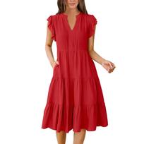 Women's Bohemian V-Neck Ruffle Sleeve Color Summer Casual Dresses XXL raudona