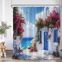 Dušo užuolaida Graikijos sala Bougainvillea spaudinys Vandeniui atspari Viduržemio jūros vonios kambario dekoracija Užuolaida W60H190(CM)-1 Pcs gray