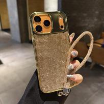 Prabangus Bling Odinis Telefono dėklas iPhone 17 Pro Max 16 15 Plus 14 13 12 11, su deimantiniu dirželiu, blizgučiais, atsparus smūgiams, apsaugantis nuo kritimo iPhone 15 rožinio aukso spalvos