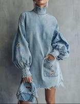 Moterims šviesiai mėlyna džinsinė suknelė, oversized, su aukštu kaklu, žibintų rankovėmis, sendinta džinsinė suknelė XL gray