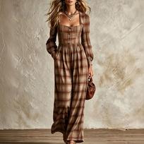 Women's Retro Plaid Square Neck Button Front Wide Leg Jumpsuit with Fitted Waist S ruda