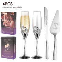 Romantic Bride & Groom Stainless Steel Cake Knife and Fork Set with Champagne Flute white