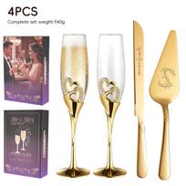 Romantic Bride & Groom Stainless Steel Cake Knife and Fork Set with Champagne Flute