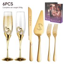 Romantic Bride & Groom Stainless Steel Cake Knife and Fork Set with Champagne Flute