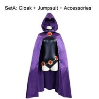 Teen Titans Super Hero Raven Cosplay Kostiumas Moteriškas Juodas Bodis Purpurinis Su gobtuvu Kombinezonai Helovino vakarėlio kostiumas M smėlis