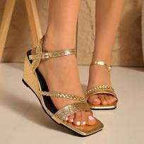 Fashion Luxury Gold Weave Strap Ankle Strap Sandals Women 2025 Summer Square Toe Wedge Heel Sandals Silver high Heel Dress Party Shoes 42 auksas