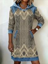 Elegantiška moteriška džinsinė su gobtuvu suknelė su retro raštu ir minkštu patchwork dizainu Medium gray