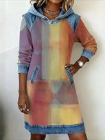 Elegantiška moteriška džinsinė su gobtuvu suknelė su retro raštu ir minkštu patchwork dizainu XXS gray