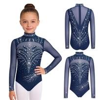 Vaikams ir mergaitėms skirtas gimnastikos šokių triko su nematomu kaklu, ilgomis rankovėmis, nematomu užtrauktuku, tinklelio lopų imitacijos blizgančiu cirkonio kostiumu varžyboms. 15-16 Years tamsiai mėlyna spalva