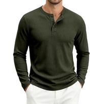 Vyriški ilgomis rankovėmis Henley marškinėliai Laisvalaikio briaunotos megztos viršutinės dalys su sagomis ir apvalia apykakle Pavasariui Rudeniui Slim Fit Pagrindiniai Vienspalviai Streetwear Megztinis Vyrams M armijos žalia spalva