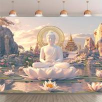 Pure Land White Buddha Lotus Tapestry Zen Buddhist Background Cloth Living Room Background Wall Room Decoration 100X70CM beige