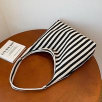 Large Capacity Striped Women Fashion Tote Bag Casual Daily Handbag For College Use black