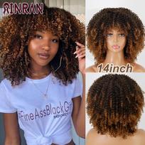 XINRAN trumpas garbanotas blondinis perukas juodoms moterims Afro Kinky garbanotas perukas su kirpčiukais Sintetinis natūralus beklijuotas Ombre rudas blondinis Cosplay perukas 35CM brown