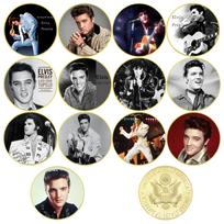 Elvis Presley, amerikiečių roko superžvaigždė, pop dainininkas, paauksuoti/sidabriniai ženkleliai, proginės monetos, kolekcinės dovanos white