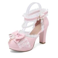 FOREADA Moteriški Lolita bateliai su čiurnos dirželiu, apvaliu priekiu, storu aukštu kulnu, kawaii sagtimi, perlo lanku, nėriniais, moteriški madingi Cosplay batai, pavasaris, ruduo 39 rožinė